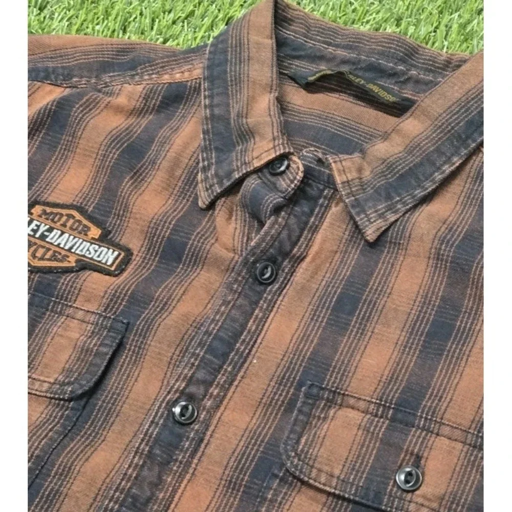 Harley-Davidson Men's Plaid Button-Up Shirt Brown Short Sleeve Embroidered Back